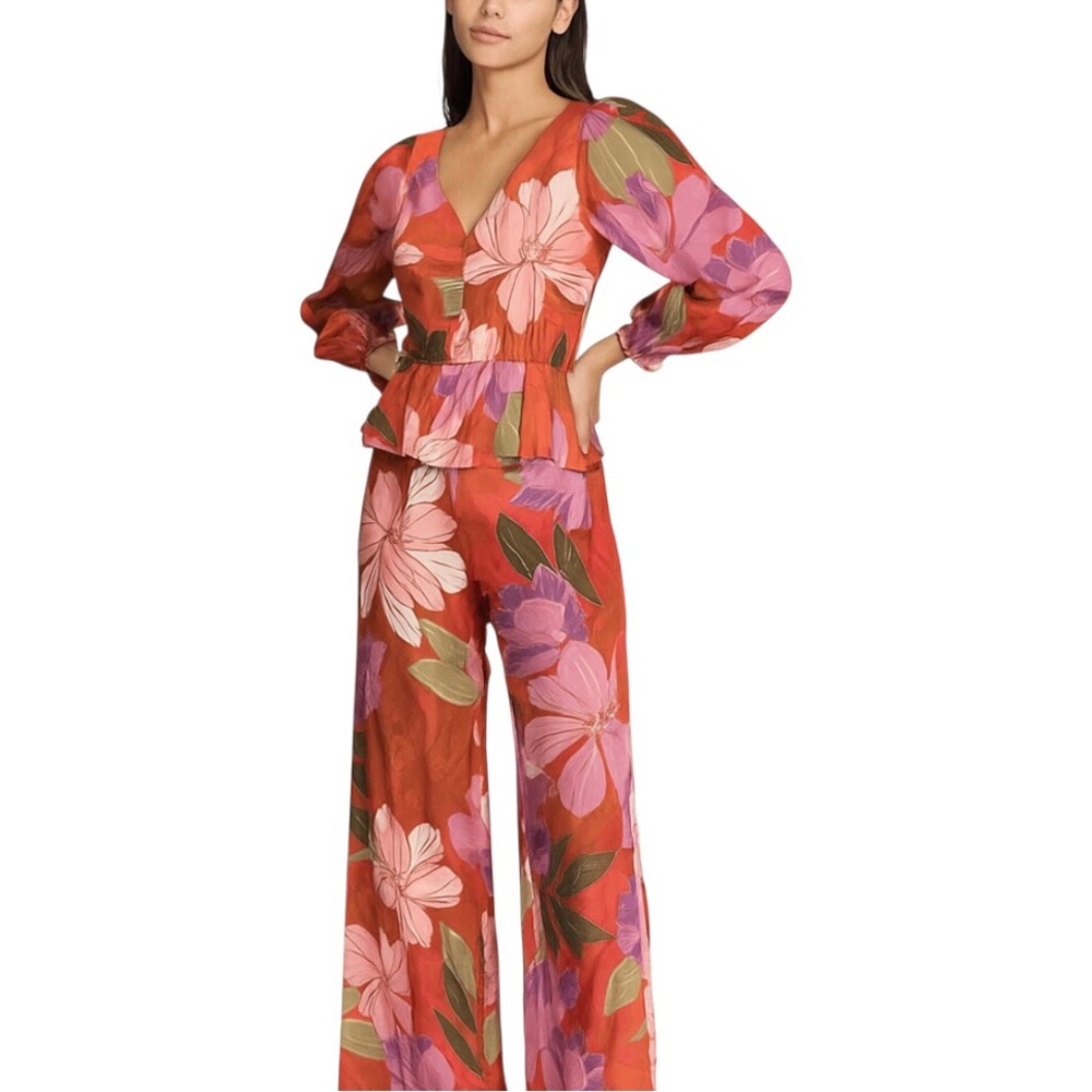 Christy Lynn 100% Silk Vibrant Floral 2 PC Multicolor Set Top / Pants Size XS